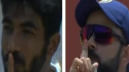 Jasprit Bumrah and Virat Kohli hush the crowd after Jermaine Blackwood’s dismissal