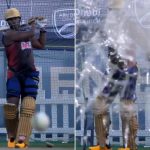 Andre Russell shatters the camera glass with his brilliant stroke during nets