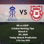 RR vs KXIP | Cricket Betting Tips | Match 9 | IPL 2020 | Today Match Prediction | 27th Sep 2020