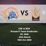 CSK vs RCB Dream11 Team Prediction | IPL 2020 | 25th Match | 10th Oct 2020