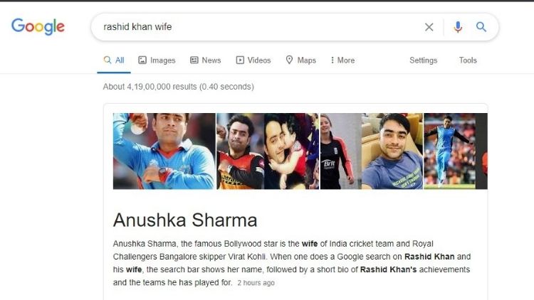 Google gets it wrong about Rashid Khan and Anushka Sharma