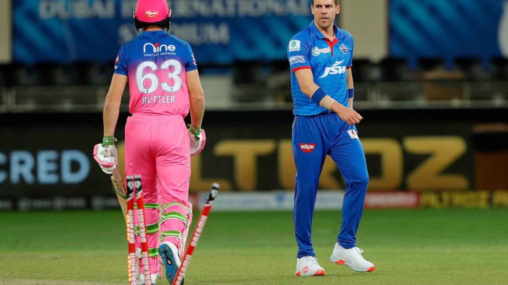 Watch: Anrich Nortje Dismissed Jos Buttler With a 155.21 kph Thunderbolt During DC vs RR