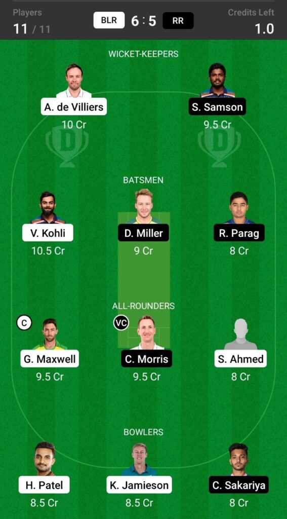 Grand League Team For Royal Challengers Bangalore vs Rajasthan Royals