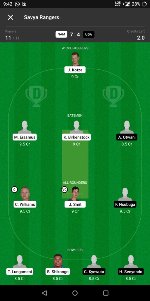 Head to Head Dream11 Team Prediction NAM vs UGA