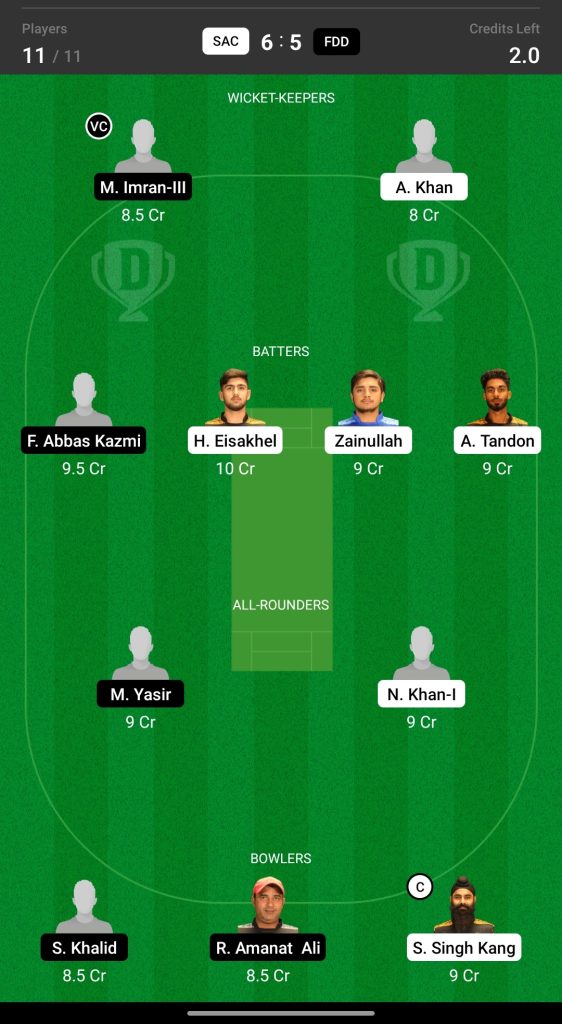 Head to Head Dream11 Team Prediction SAC vs FDD