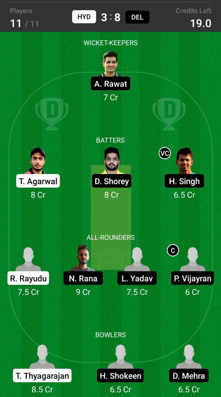 Grand League Dream11 Team Prediction HYD vs DEL