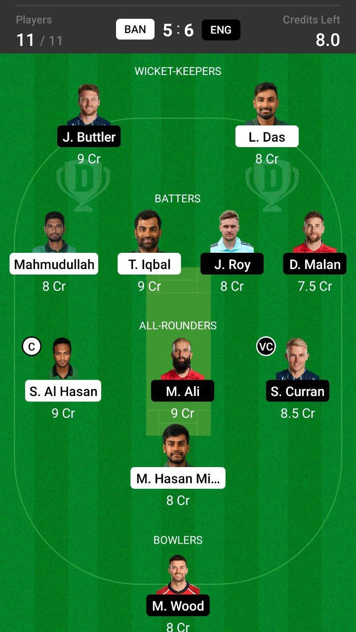 Head-to-Head Dream11 Team Prediction BAN vs ENG