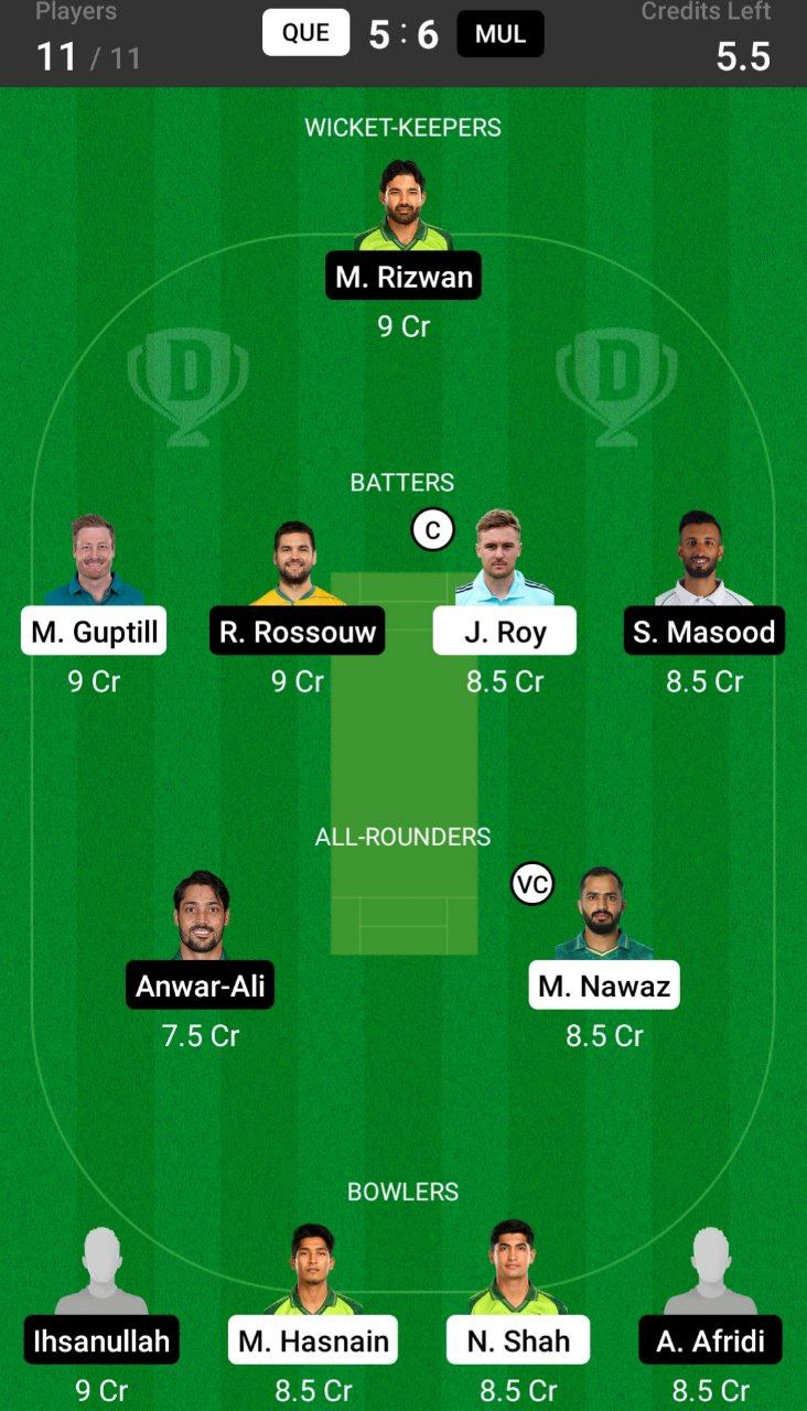 Head-to-Head Dream11 Team Prediction QUE vs MUL 