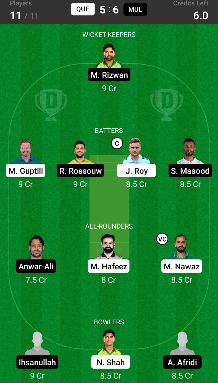 Grand League Dream11 Team Prediction QUE vs MUL 