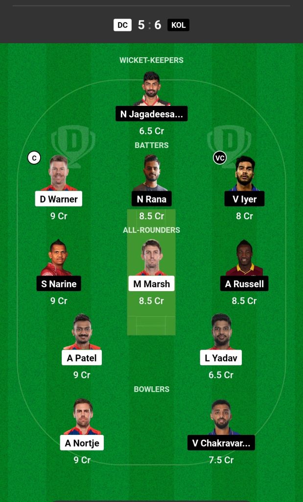 Grand League Dream11 Team Prediction DC vs KKR