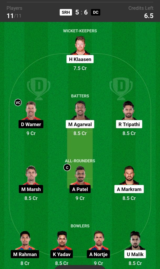 Head-to-Head Dream11 Team Prediction SRH vs DC