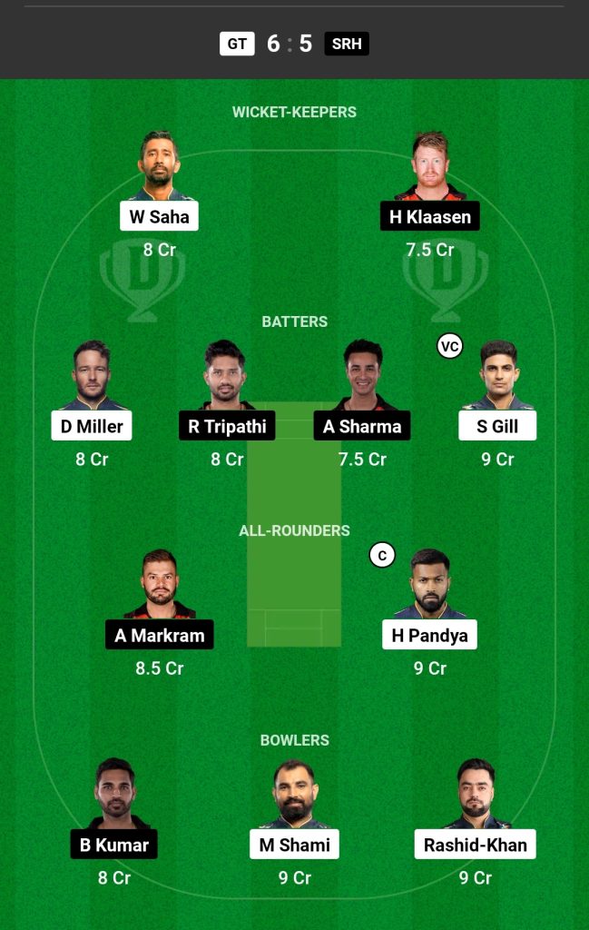 Dream11 team prediction GT vs SRH