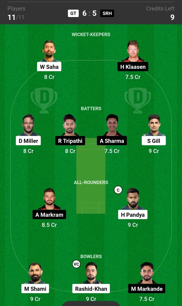 Dream11 Head to Head prediction GT vs SRH