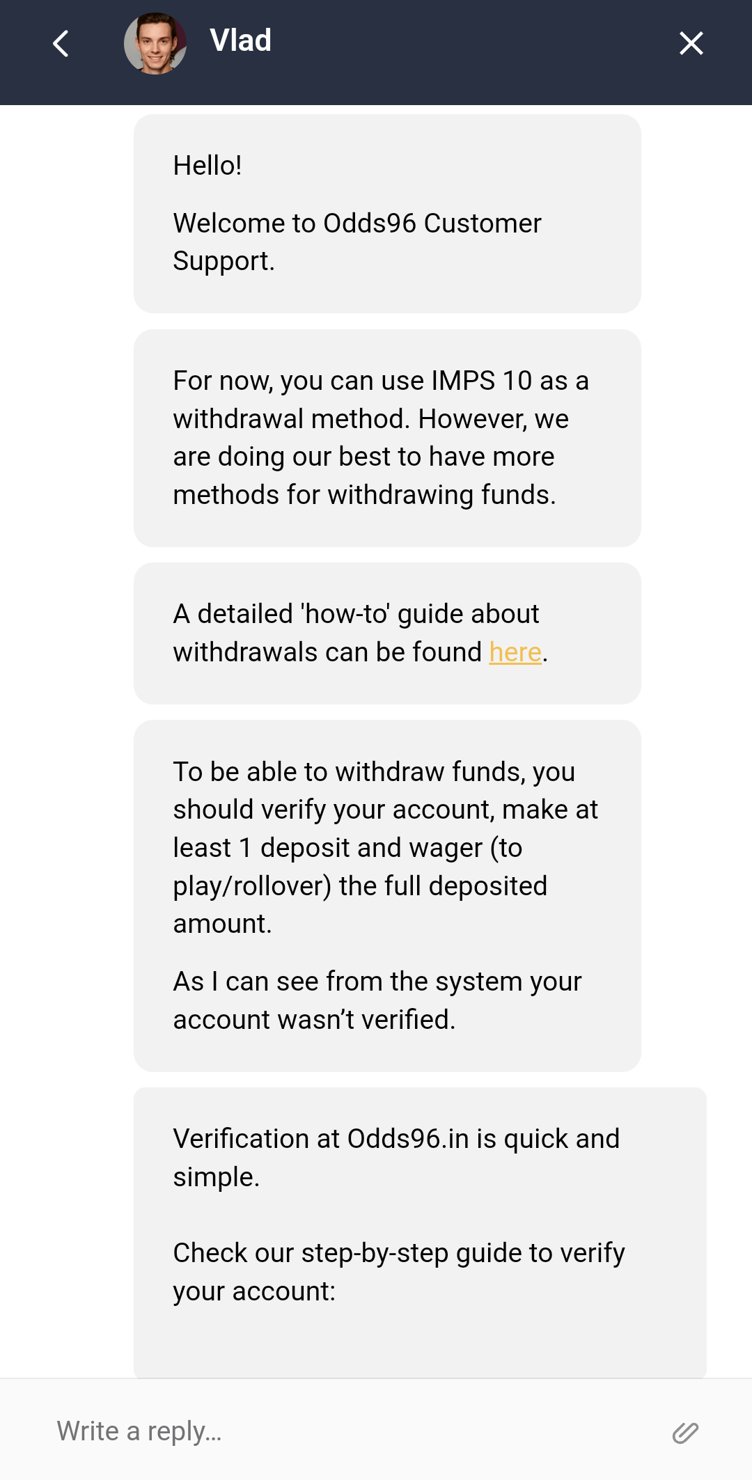 odds96 Customer support screenshot 