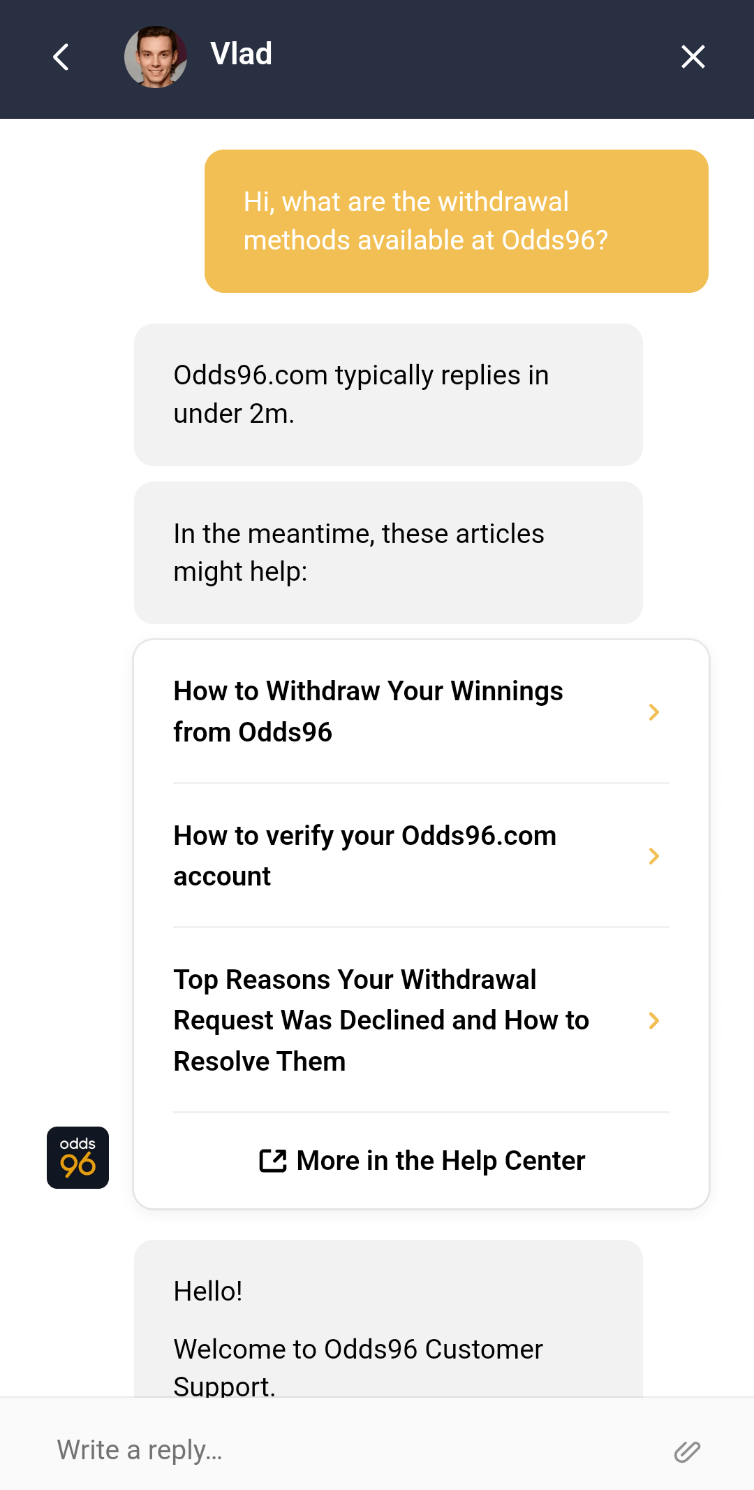 odds96 Customer support screenshot 