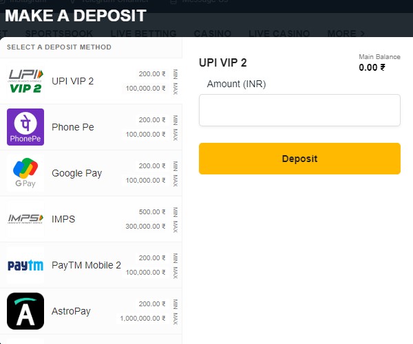 Screenshot of Deposit Methods at Rajabets