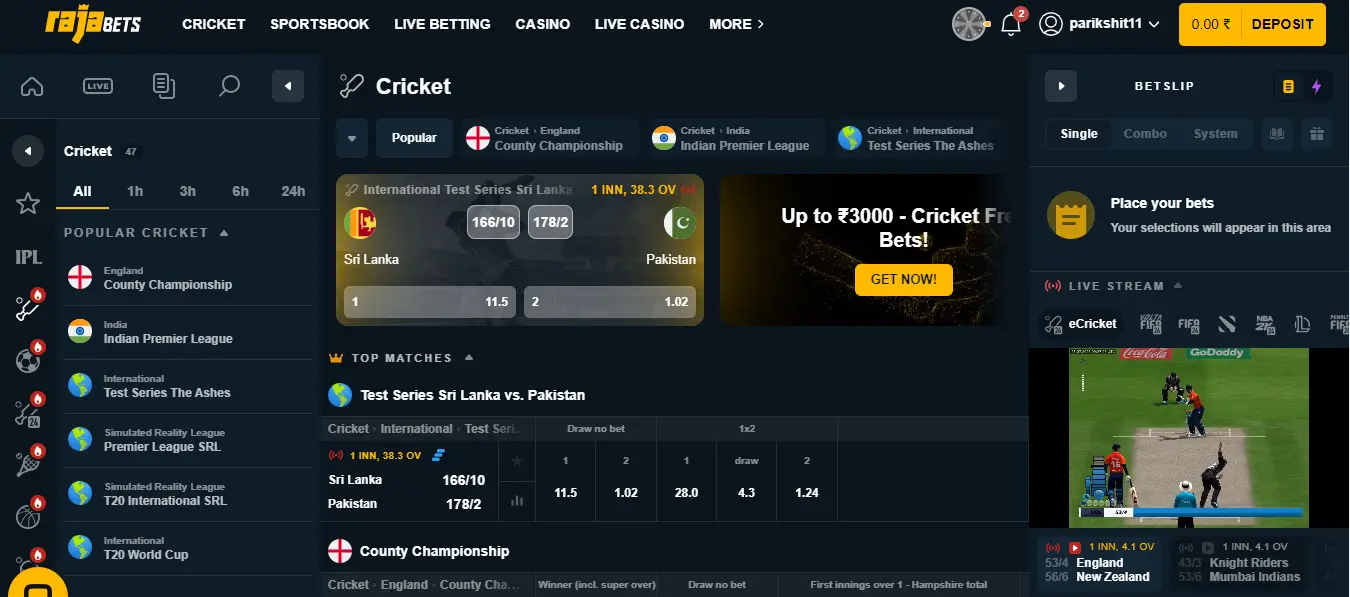 Screenshot of Cricket Betting at Rajabets