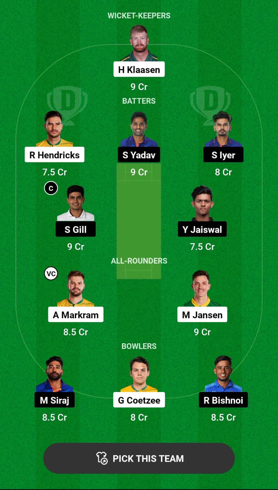 Head-to-Head Dream11 Team Prediction SA vs IND