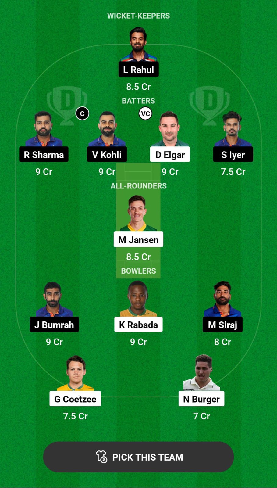 Head-to-Head Dream11 Team Prediction SA vs IND