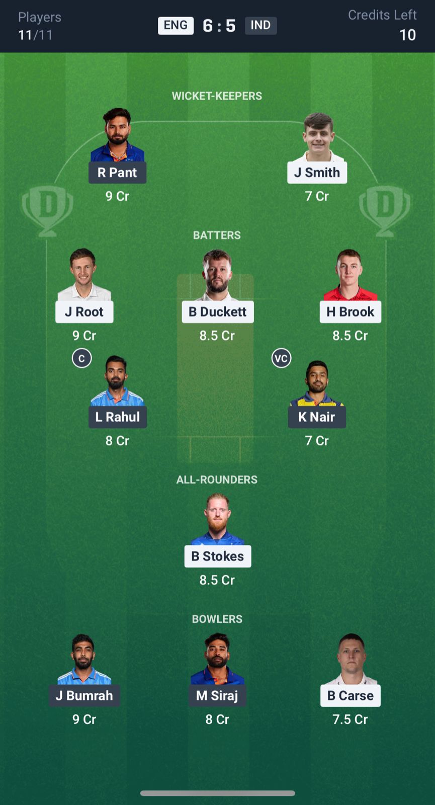 Dream11 Team Prediction ENG vs IND