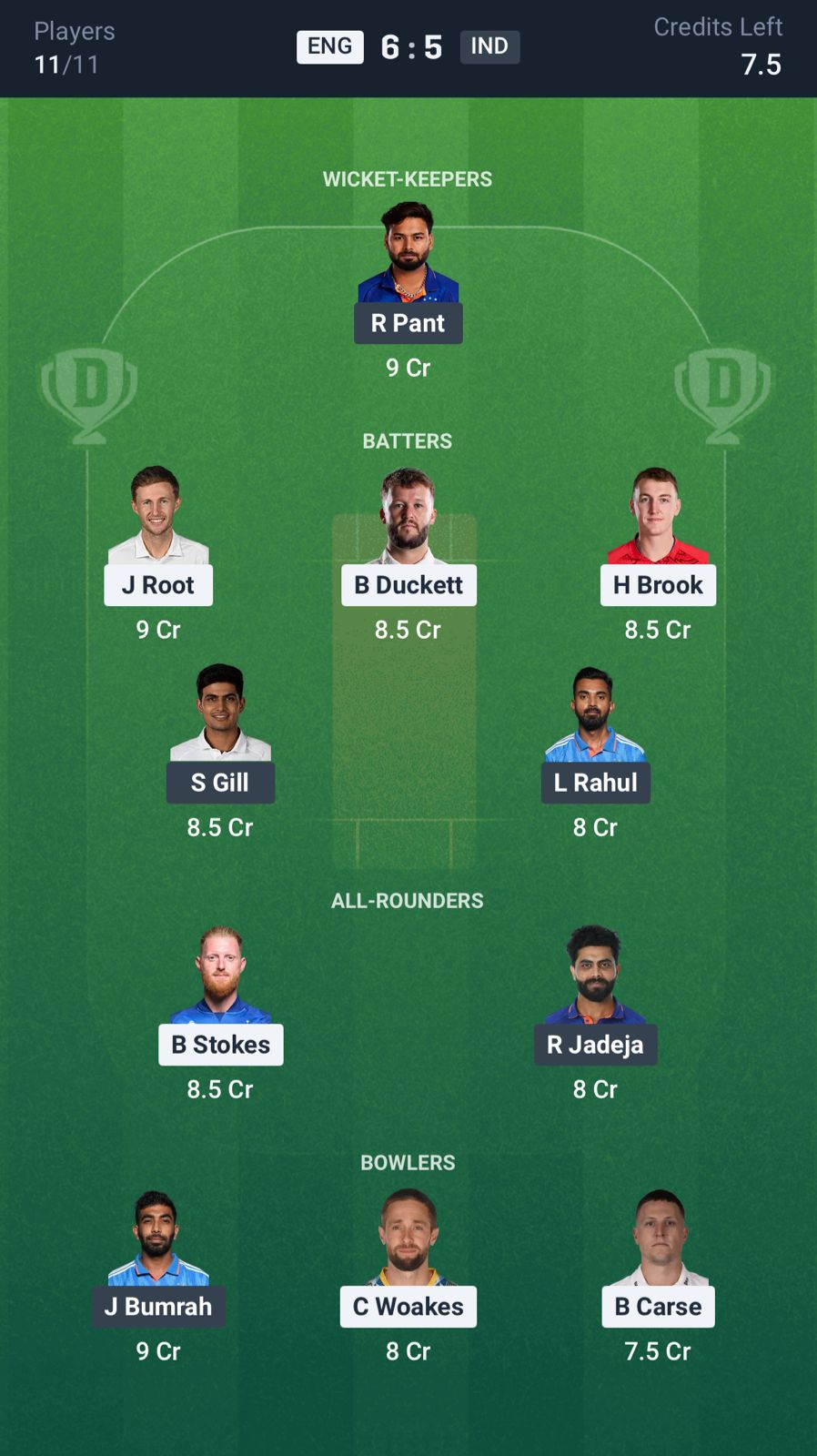 Dream11 Team Prediction ENG vs IND