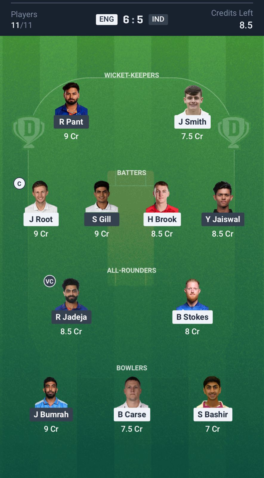 Dream11 Team Prediction ENG vs IND